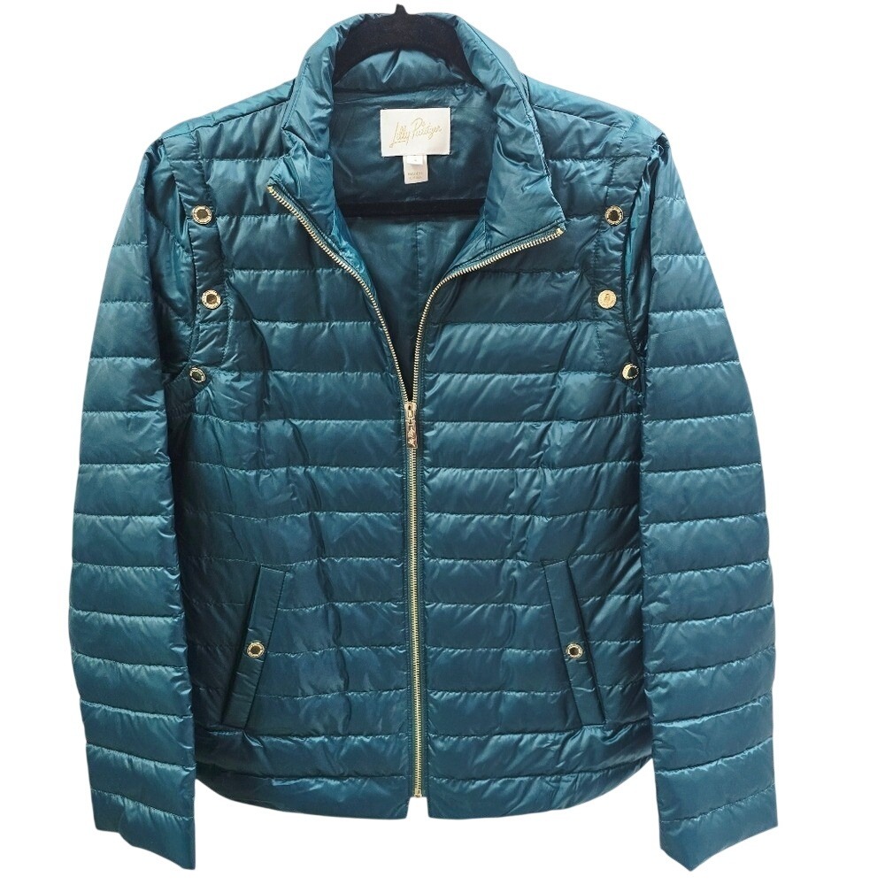 Lilly Pulitzer Dali Convertible Puffer Jacket Vest Teal Green Gold Snaps Size 4
